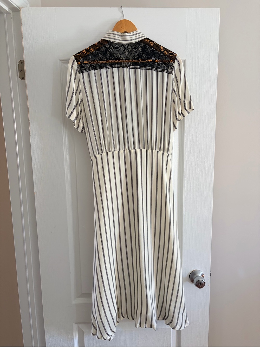 Sandro Cream and Black Striped Midi Dress with Lace Yoke - Picture 2 of 7